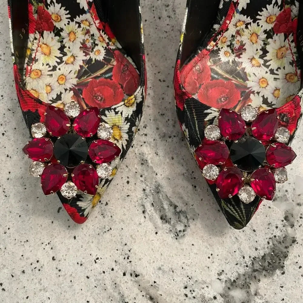 Dolce & Gabbana Pumps Floral Print Crystal Flower High Stiletto Heel Size 39.5